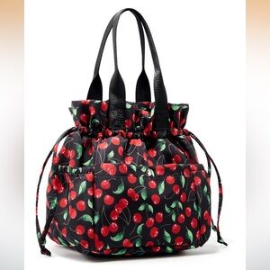 🆕 Black Cherry Print Drawstring Insulated Lunch Tote Bag for Women..